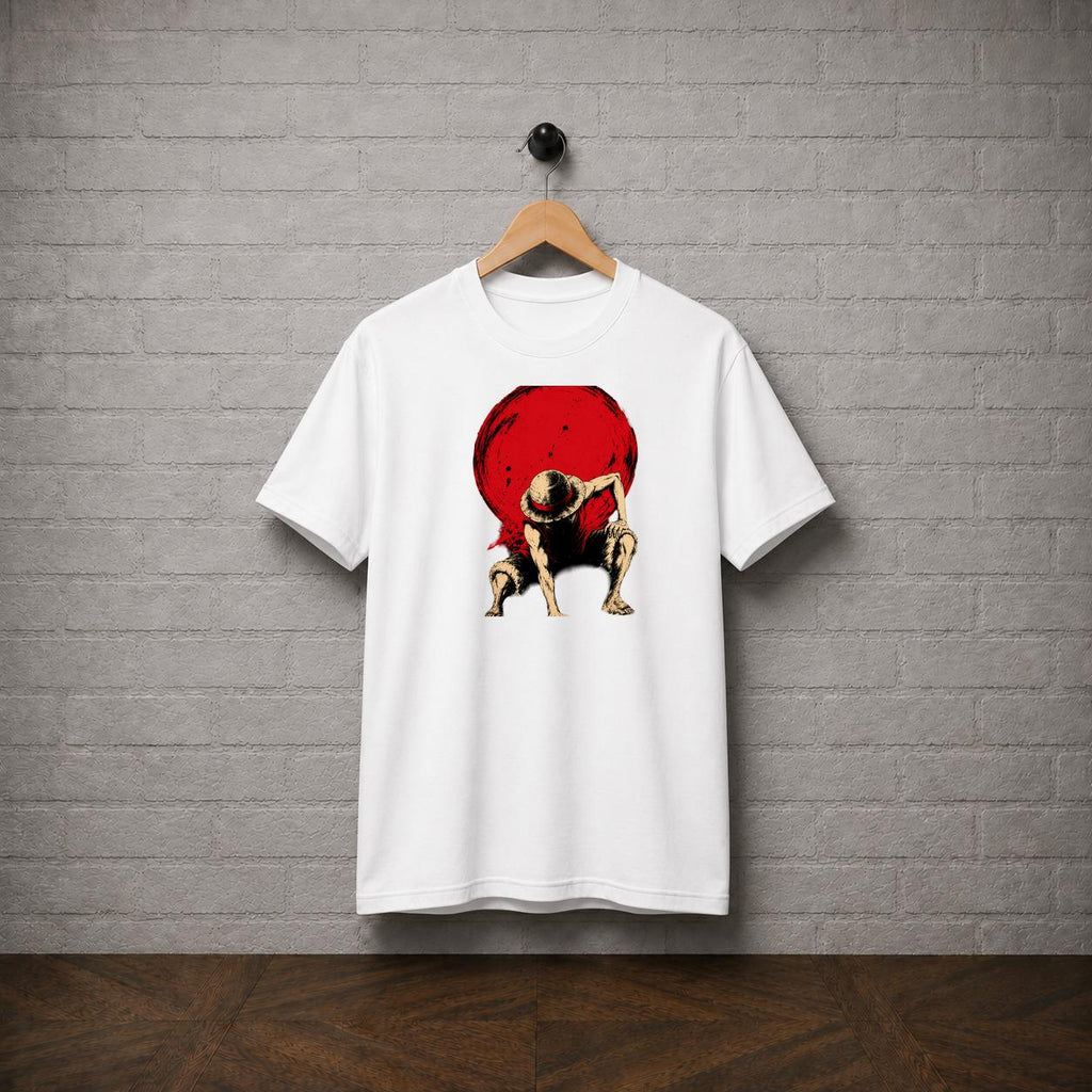 Luffy Pose T-Shirt, One Piece Straw Hat Anime Graphic Tee, Red Sun Manga Style