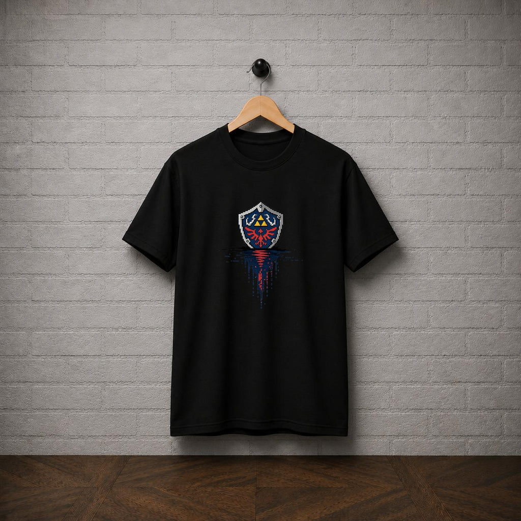 Hylian Shield Pixel Art T-Shirt, Zelda Triforce Gamer Tee, Retro Gaming Apparel