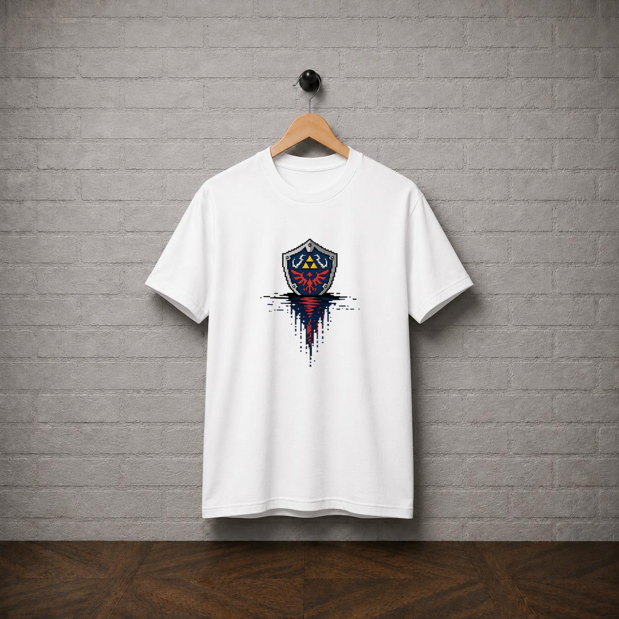 Hylian Shield Pixel Art T-Shirt, Zelda Triforce Gamer Tee, Retro Gaming Apparel
