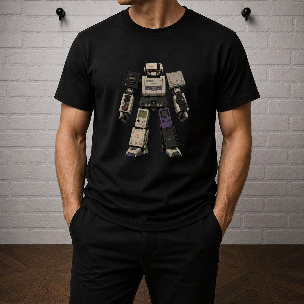 Retro Console Robot T-Shirt, 90s Gaming Graphic Tee, Nintendo Sega Gamer Apparel