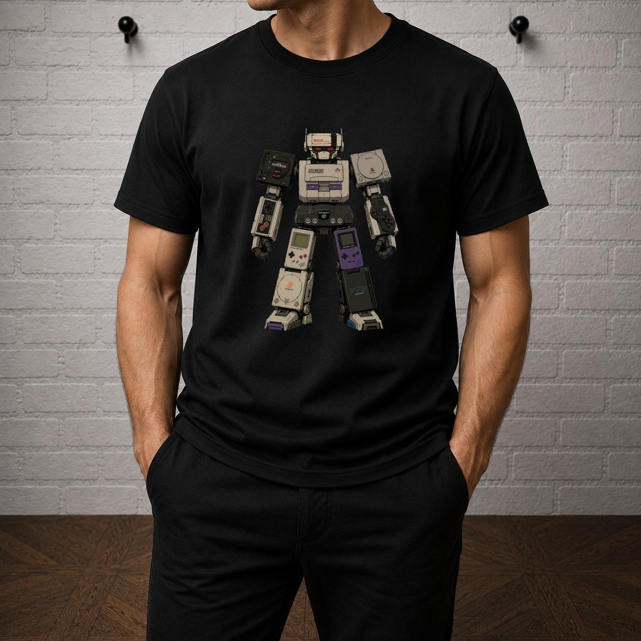 Retro Console Robot T-Shirt, 90s Gaming Graphic Tee, Nintendo Sega Gamer Apparel