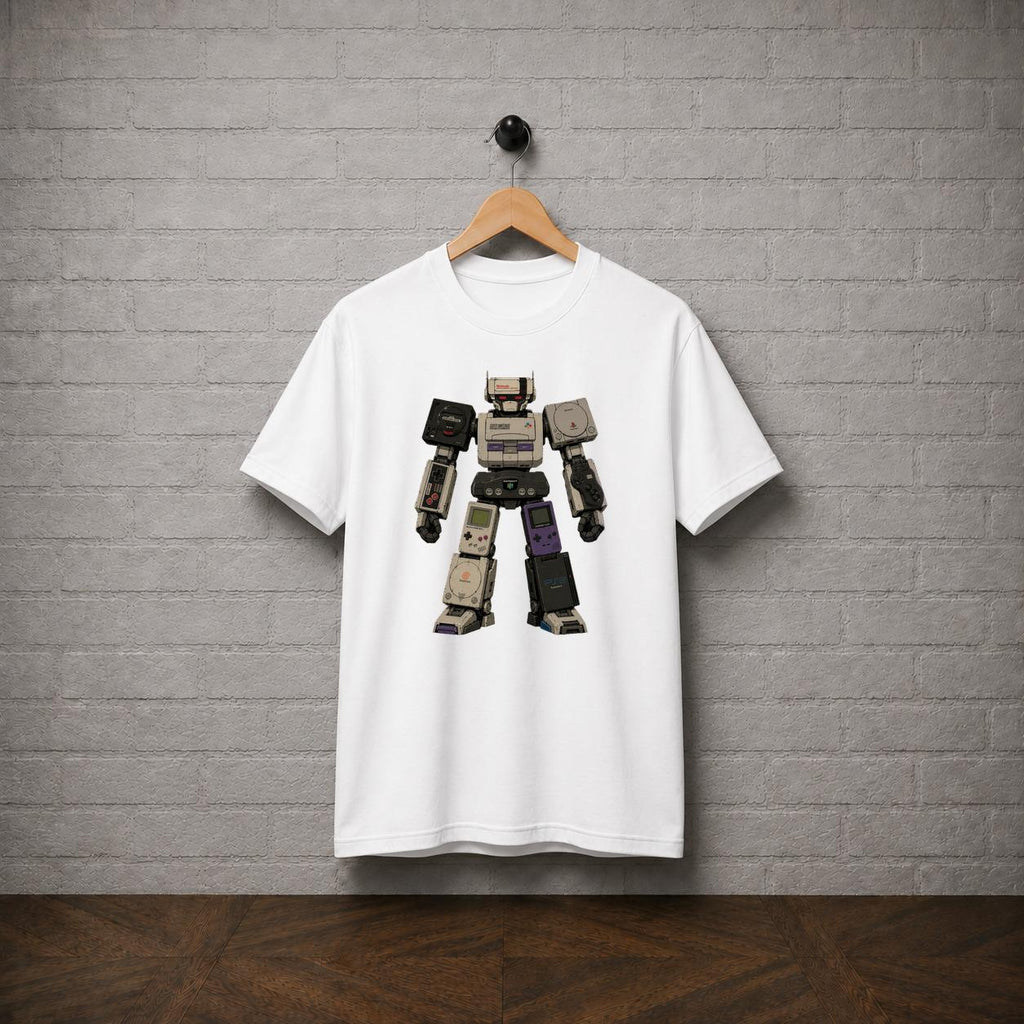 Retro Console Robot T-Shirt, 90s Gaming Graphic Tee, Nintendo Sega Gamer Apparel