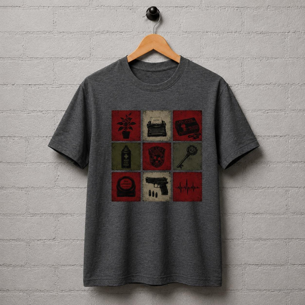 Resident Evil Items T-Shirt, Survival Horror Grid Graphic Tee, Raccoon City Game Shirt