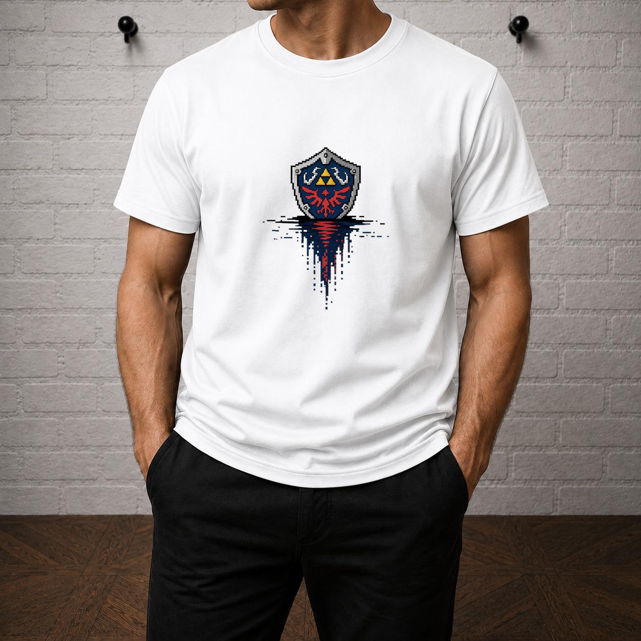 Hylian Shield Pixel Art T-Shirt, Zelda Triforce Gamer Tee, Retro Gaming Apparel