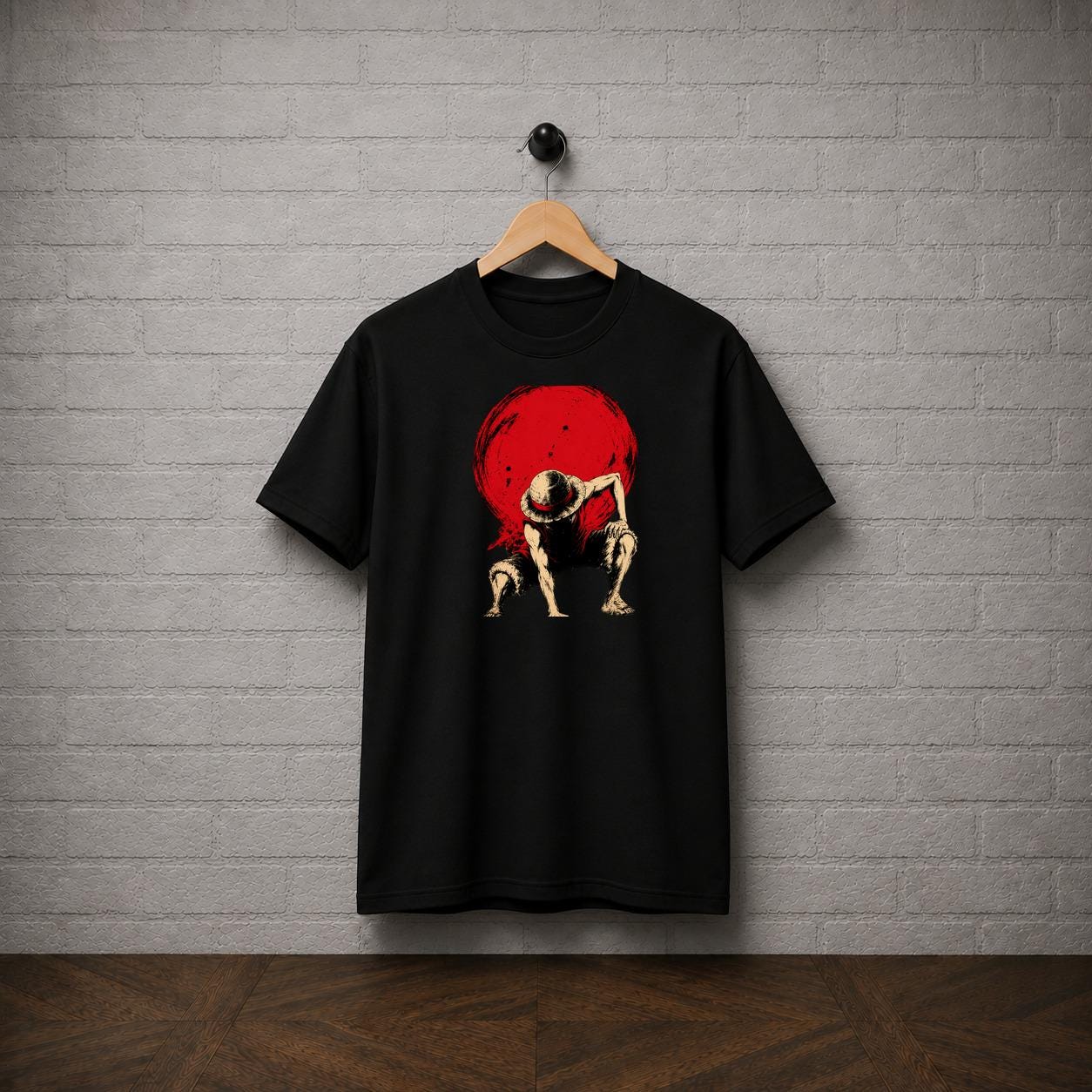 Luffy Pose T-Shirt, One Piece Straw Hat Anime Graphic Tee, Red Sun Manga Style