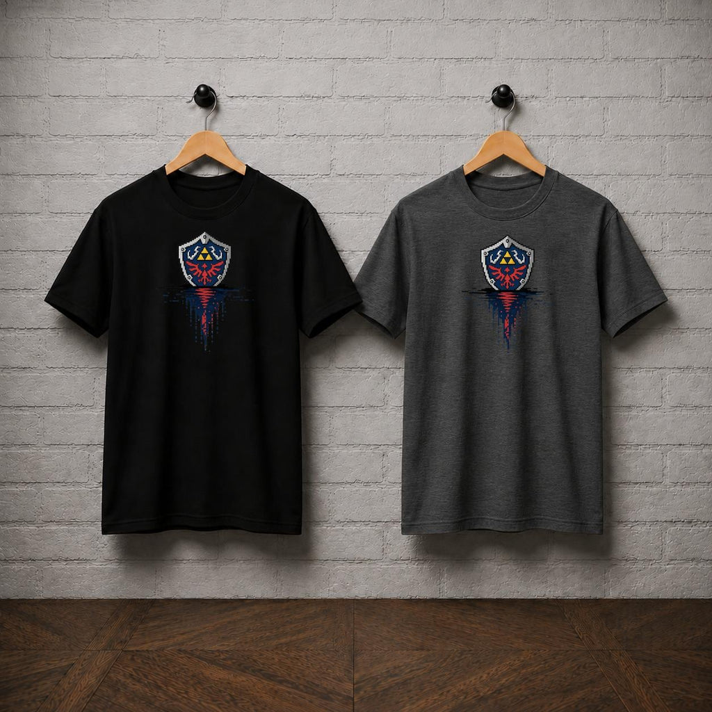 Hylian Shield Pixel Art T-Shirt, Zelda Triforce Gamer Tee, Retro Gaming Apparel