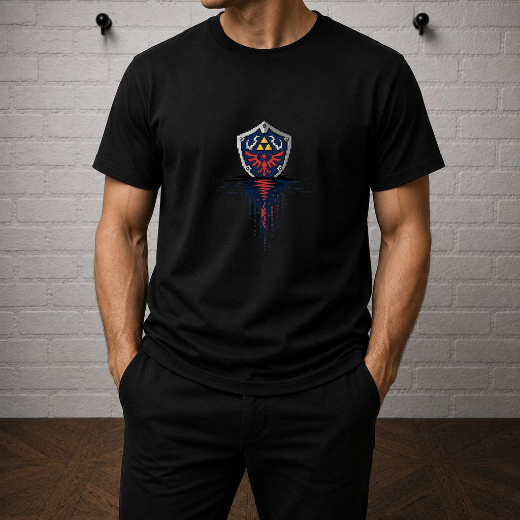 Hylian Shield Pixel Art T-Shirt, Zelda Triforce Gamer Tee, Retro Gaming Apparel