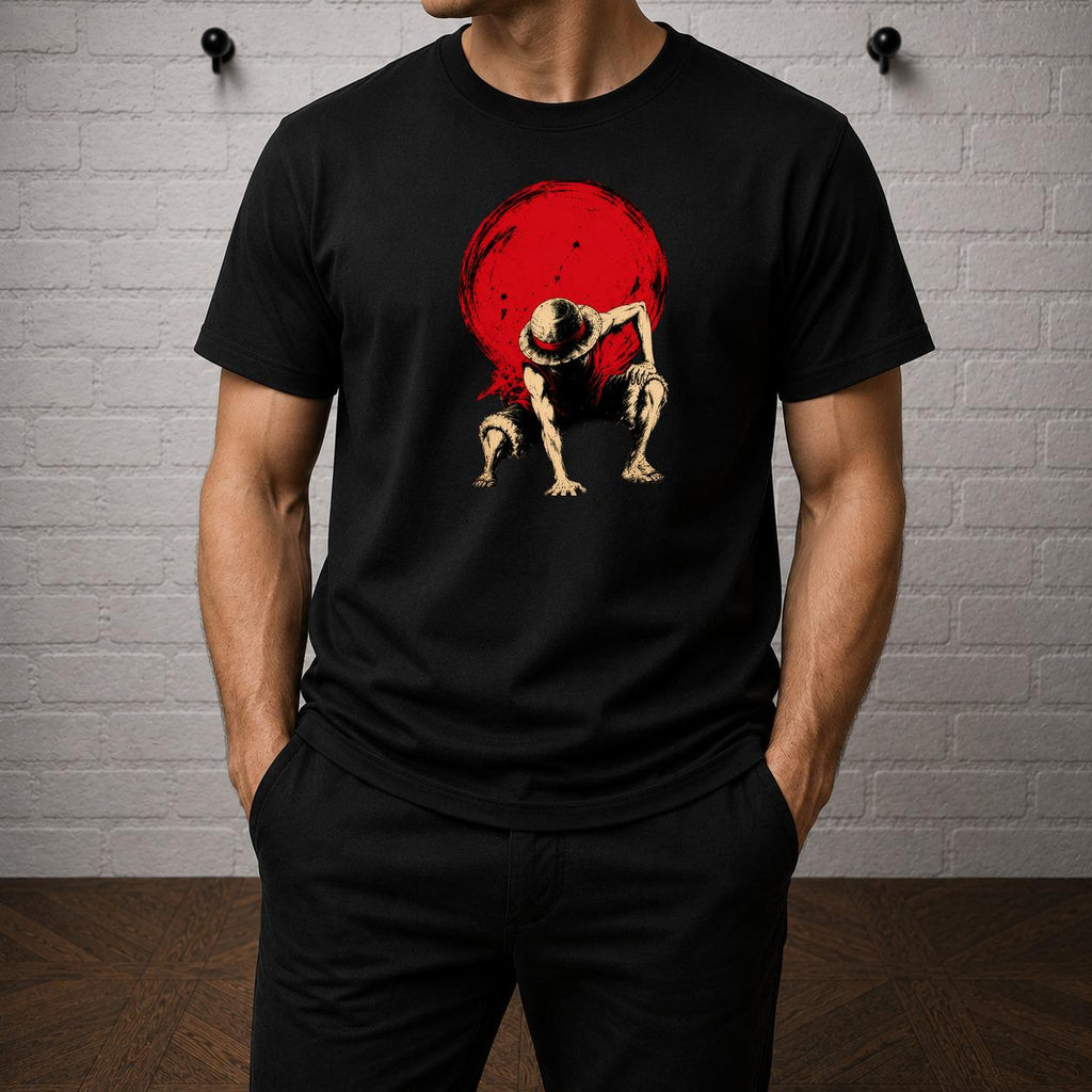 Luffy Pose T-Shirt, One Piece Straw Hat Anime Graphic Tee, Red Sun Manga Style