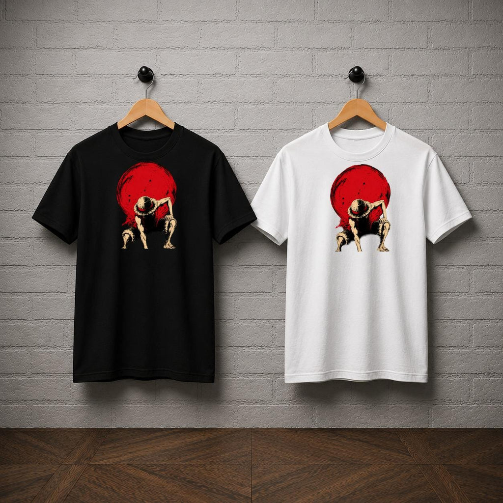 Luffy Pose T-Shirt, One Piece Straw Hat Anime Graphic Tee, Red Sun Manga Style