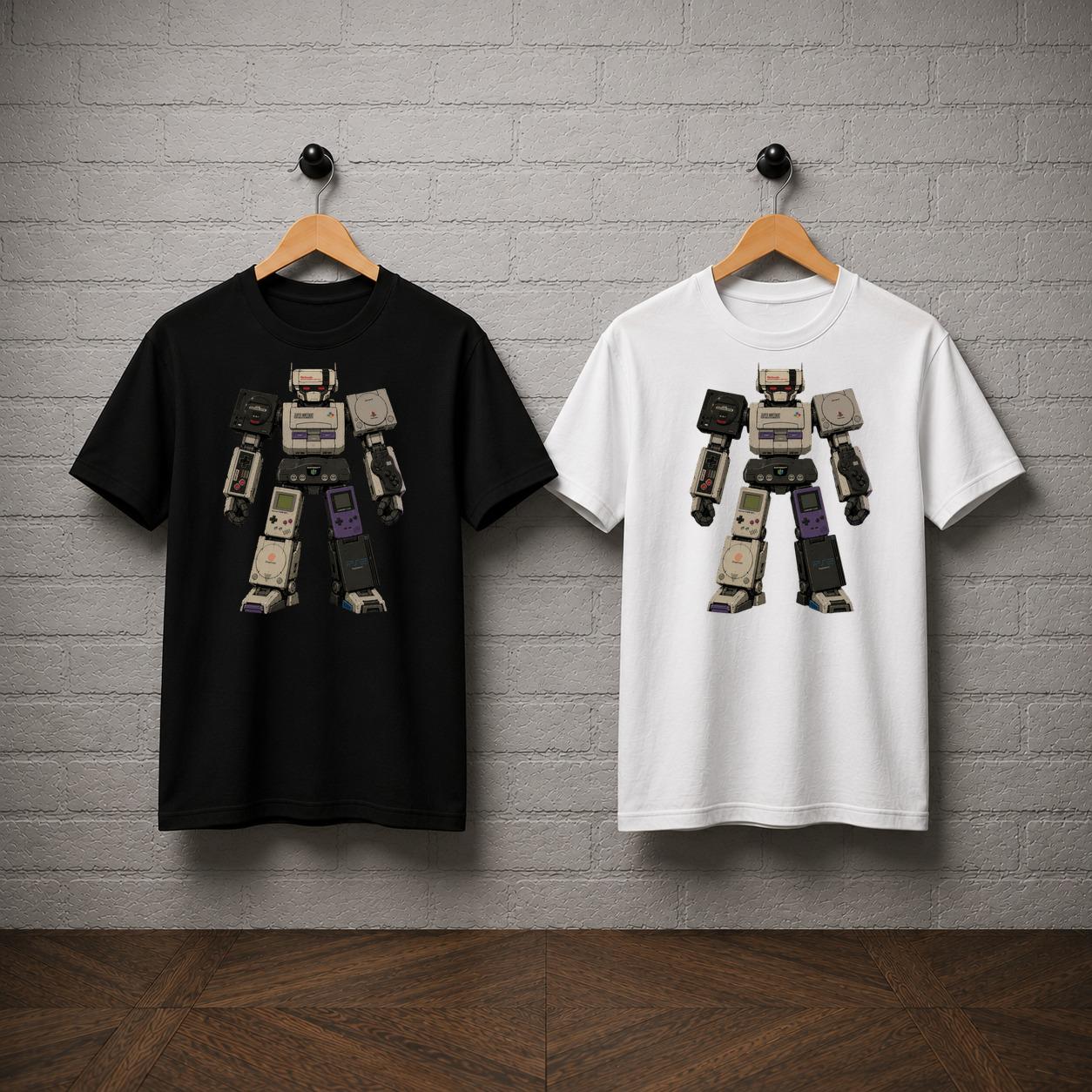 Retro Console Robot T-Shirt, 90s Gaming Graphic Tee, Nintendo Sega Gamer Apparel