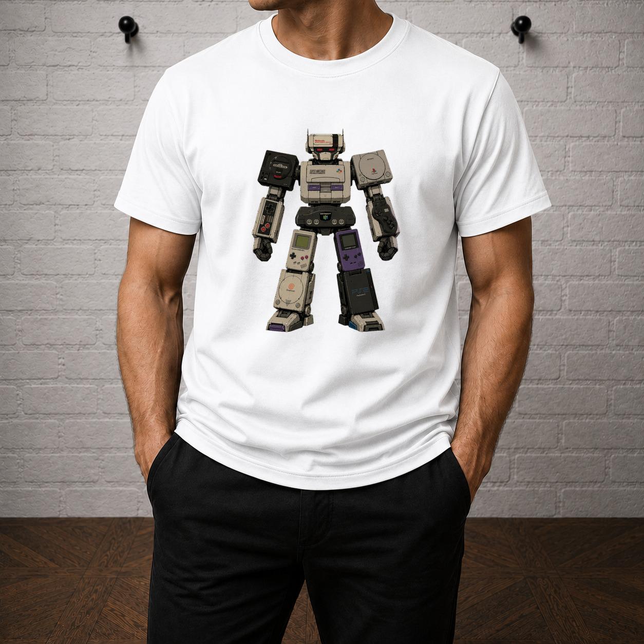 Retro Console Robot T-Shirt, 90s Gaming Graphic Tee, Nintendo Sega Gamer Apparel