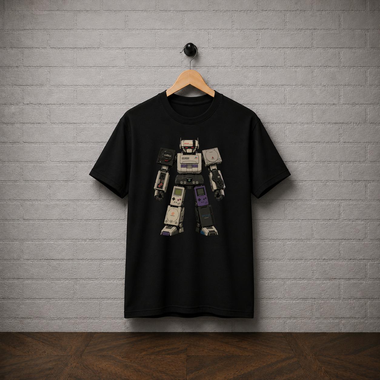 Retro Console Robot T-Shirt, 90s Gaming Graphic Tee, Nintendo Sega Gamer Apparel