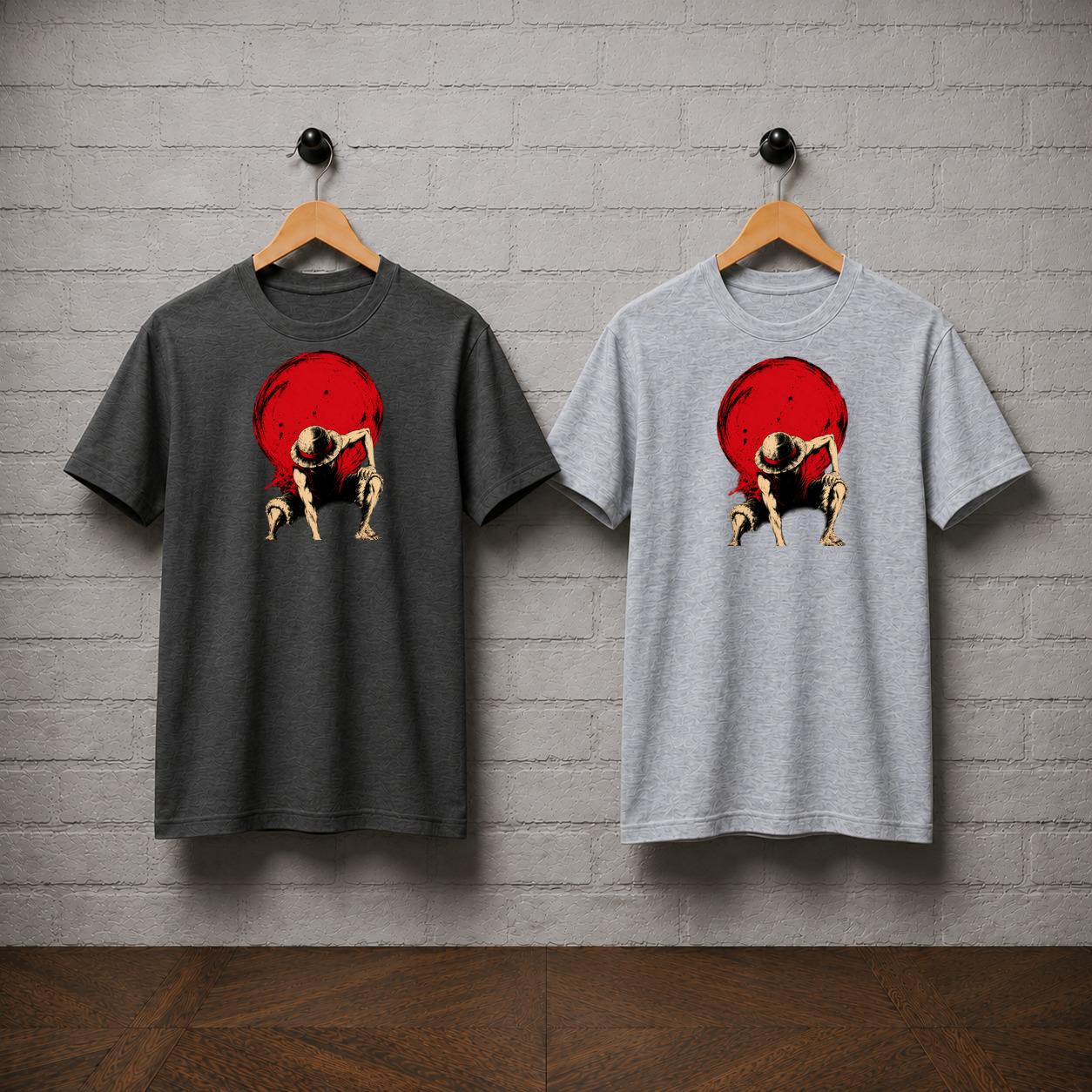 Luffy Pose T-Shirt, One Piece Straw Hat Anime Graphic Tee, Red Sun Manga Style