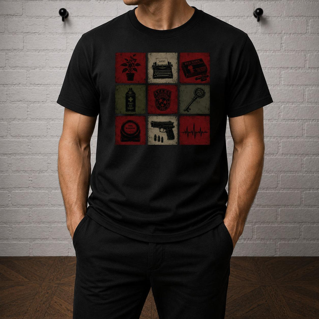 Resident Evil Items T-Shirt, Survival Horror Grid Graphic Tee, Raccoon City Game Shirt