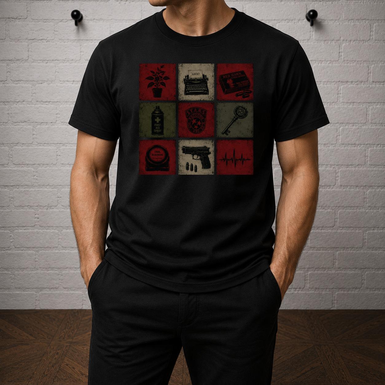 Resident Evil Items T-Shirt, Survival Horror Grid Graphic Tee, Raccoon City Game Shirt