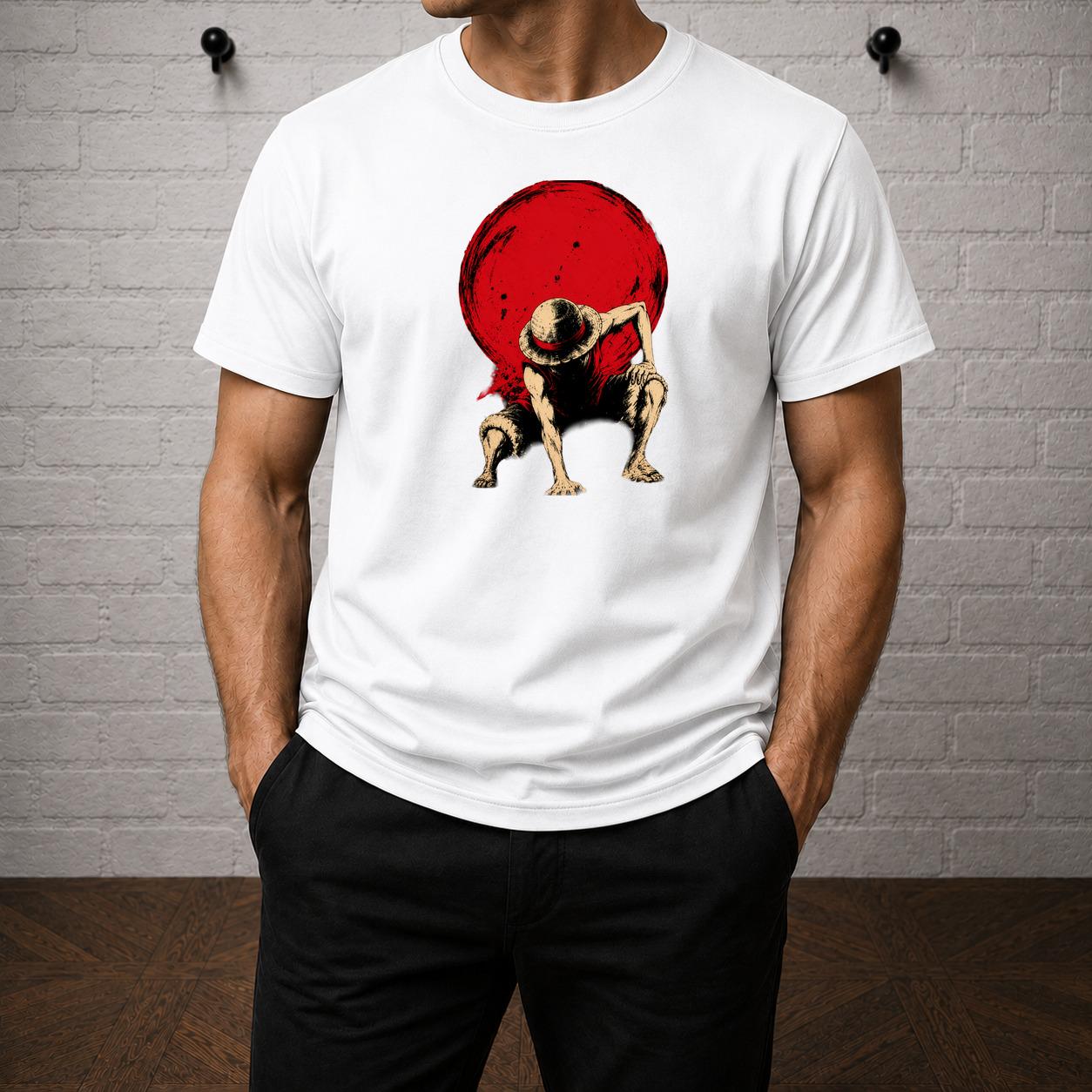 Luffy Pose T-Shirt, One Piece Straw Hat Anime Graphic Tee, Red Sun Manga Style